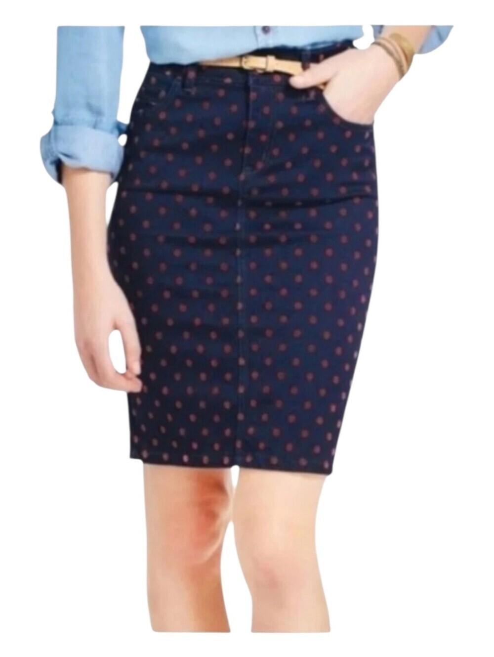 Pilcro Womens Navy Blue Pink Polka Dot Print Denim Jean Pencil Skirt 29